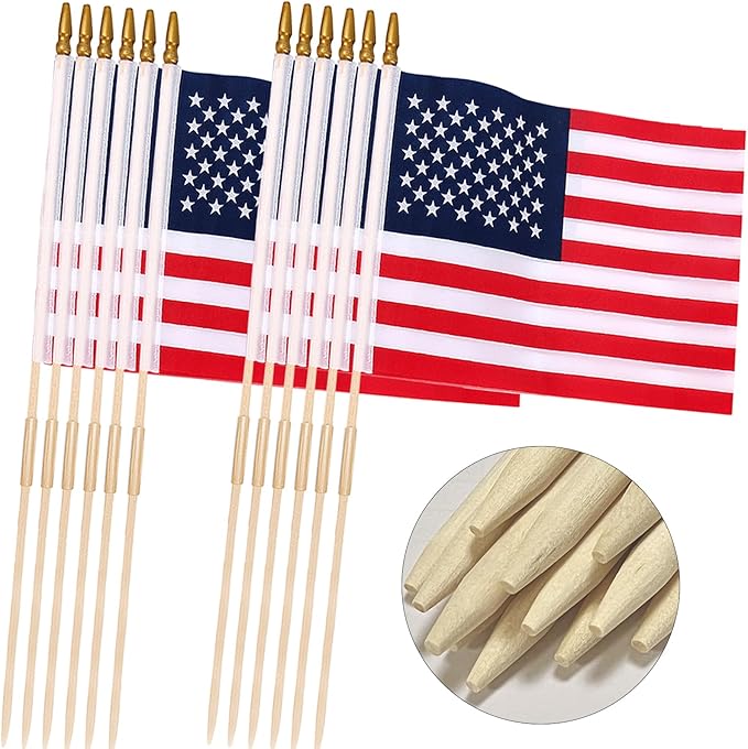 100 Pcs 12x18 Inch American Flags on Stick, American Flags, USA Stick Flag with Handheld and Grounded Multi-Purpose Flagpole, Design for Memorial Day, 4th of July, Veterans Day