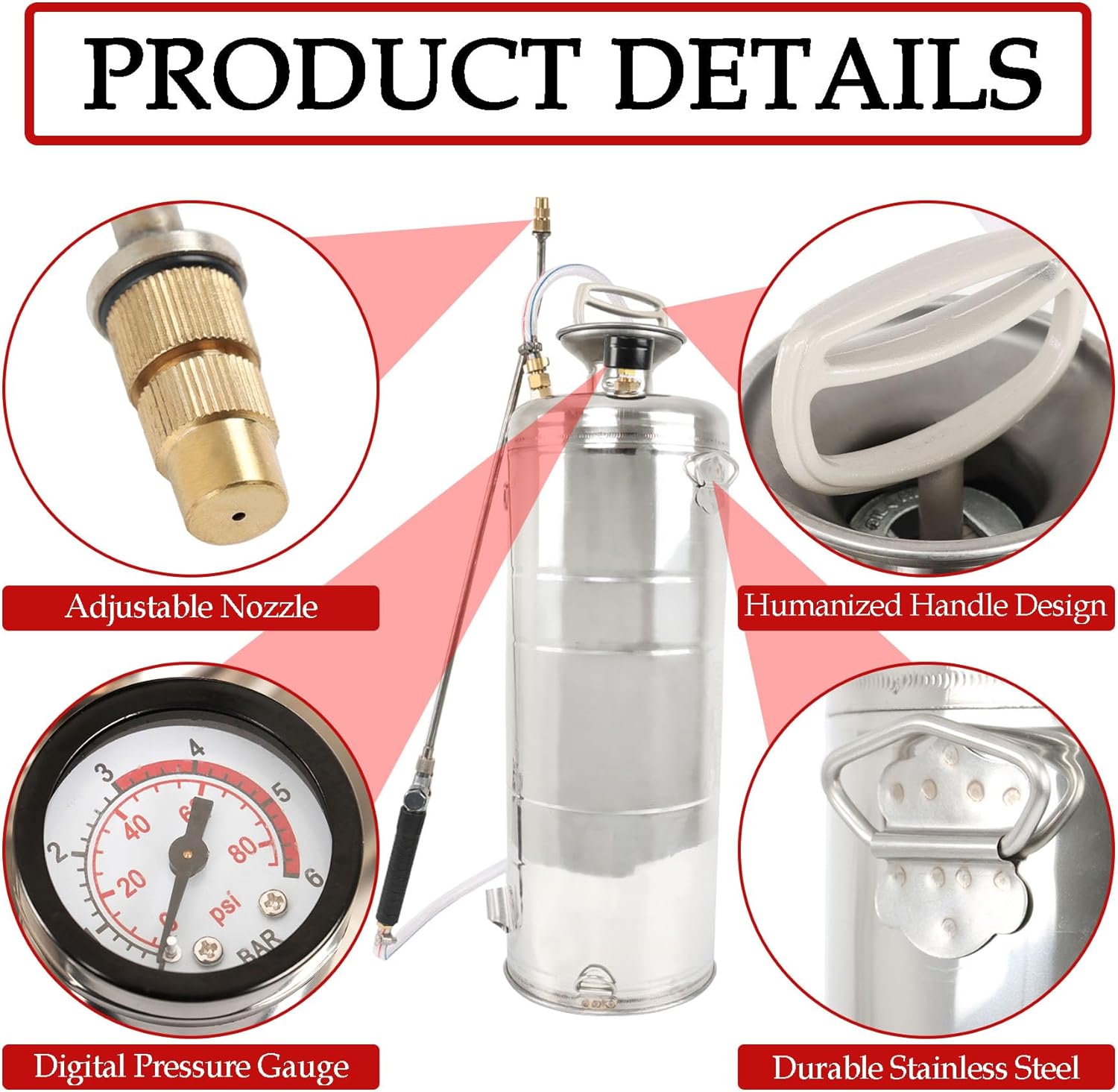 Hand Pump Sprayer Stainless Steel Sprayer for Indoor and Outdoor 2 Gallon Sprayer 20 in Wand 3.3 FT Hose