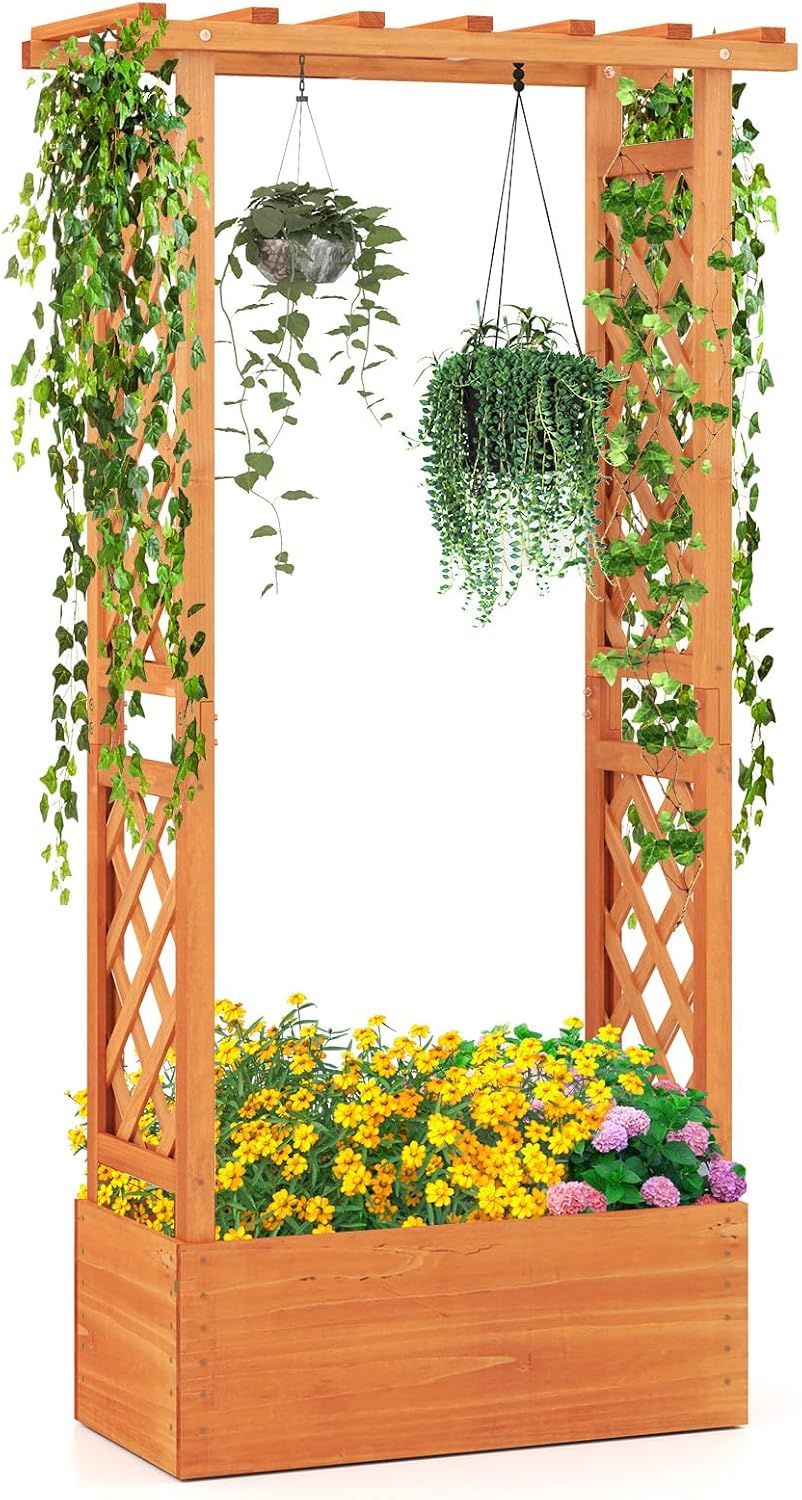 S AFSTAR Raised Garden Bed with Trellis, Wood Planter Box with Hanging Roof & Drainage Holes for Climbing Plants, Vines, Flowers & Vegetables, Indoor Outdoor Plant Container for Patio & Yard