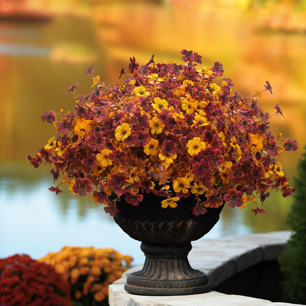 16 Bundles Artificial Fall Mums with Eucalyptus, Faux Daisy UV Resistant Outdoor Decor - Autumn Orange Flowers for Front Door Porch Planter, Patio, Thanksgiving Christmas (Fall Yellow&Red)