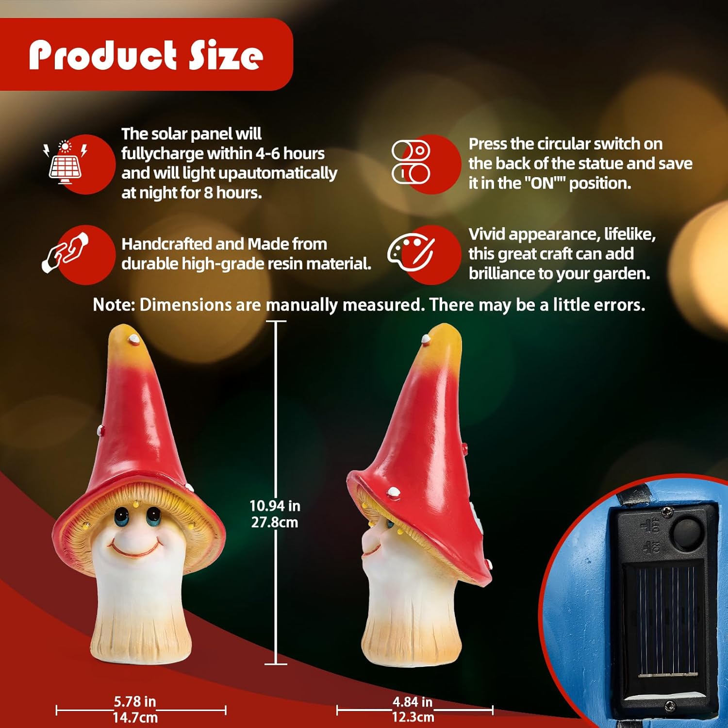 Solar Garden Large Mushroom Decor Outdoor Statue - Mushroom with LED Waterproof Sculptures Lights, Cute Mushroom Pond/Yard Statues Outside Decoration, Home, Lawn, Patio, Resin Fairy Ornament