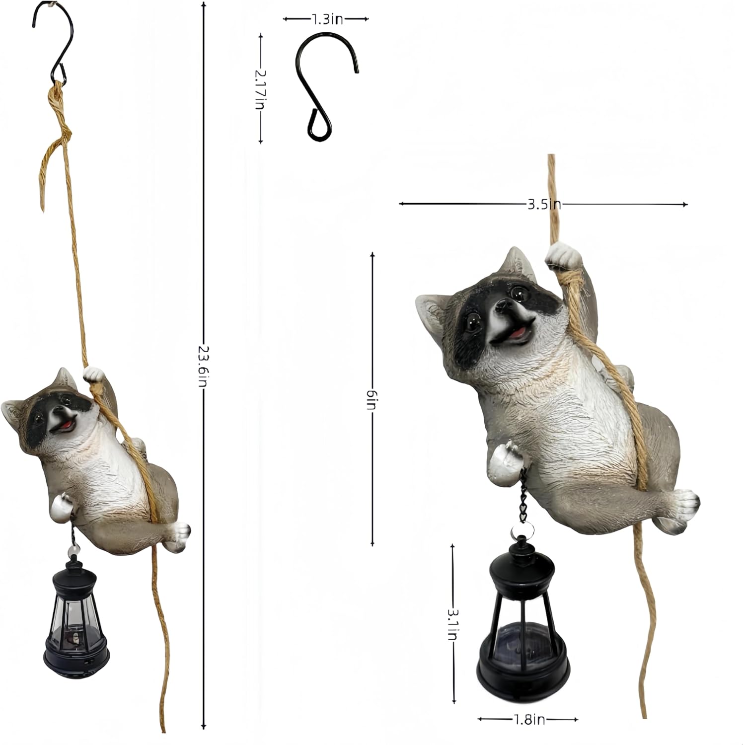 Raccoon Garden Decor Outdoor Statues Resin Climbing Twine with LED Light Waterproof Hanging Animal Figurine for Garden Wall Balcony Tree Decoration Gift