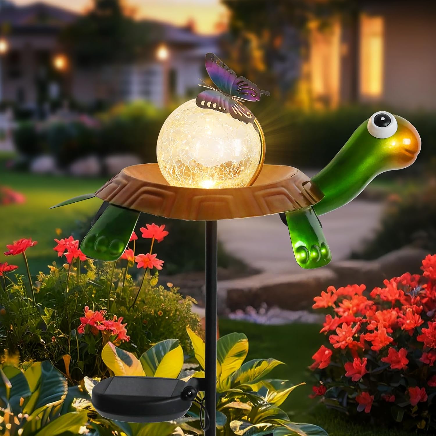 Afirst Solar Lights Outdoor Decorative Metal Turtle Crackle Glass Globe with Butterfly Warm White LED Metal Waterproof Garden Stake Lights for Walkway Pathway Lawn Patio Yard Decorations
