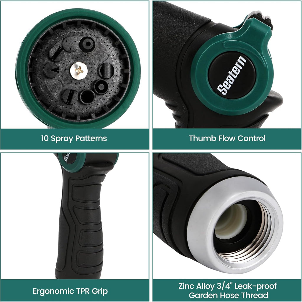 Heavy Duty Garden Hose Nozzle, Water Hose Sprayer Nozzle with Thumb Flow Control, 10 Spray Patterns, High Pressure Hose Nozzle for Lawn & Plant Watering, Car & Pet Washing – Forest Green