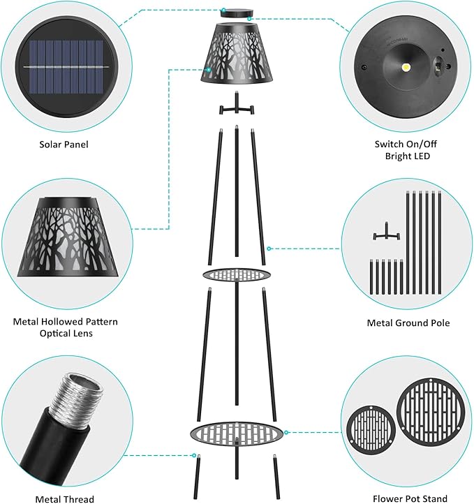 2 Pack Metal Solar Floor Lights Outdoor with Plant Stands, 45.5'' Solar Powered Street Lights, Solar Lantern for Garden Yard Pathway Driveway Porch