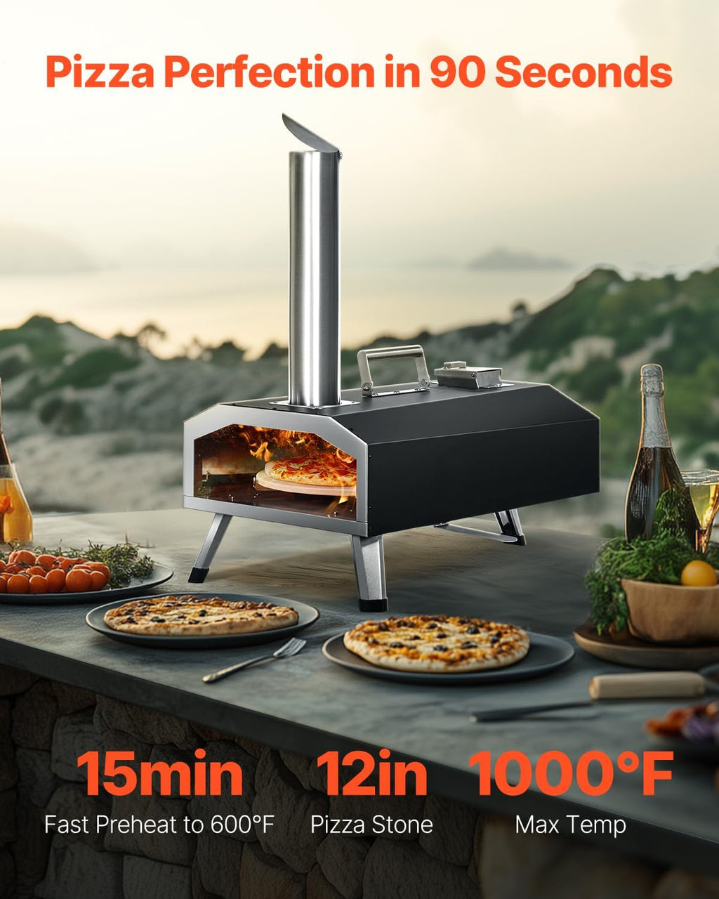 VEVOR Multi-fuel Outdoor Pizza Oven, 12-inch Gas & Wood Fired Pizza Maker with Auto Rotatable Stone, Portable Pizza Ovens for Outside Backyard Camp, Carry Cover, Shovel, CSA Certified, Black