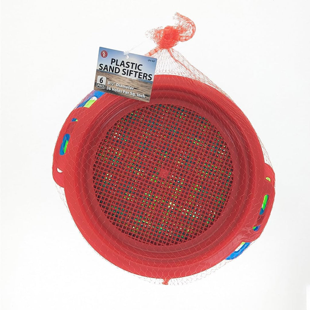 SE 6-Piece Set of 8.5" Plastic Sand Sifting Pans in a Mesh Bag, with 36 Holes Per Inch, in Red, Blue, and Green Colors