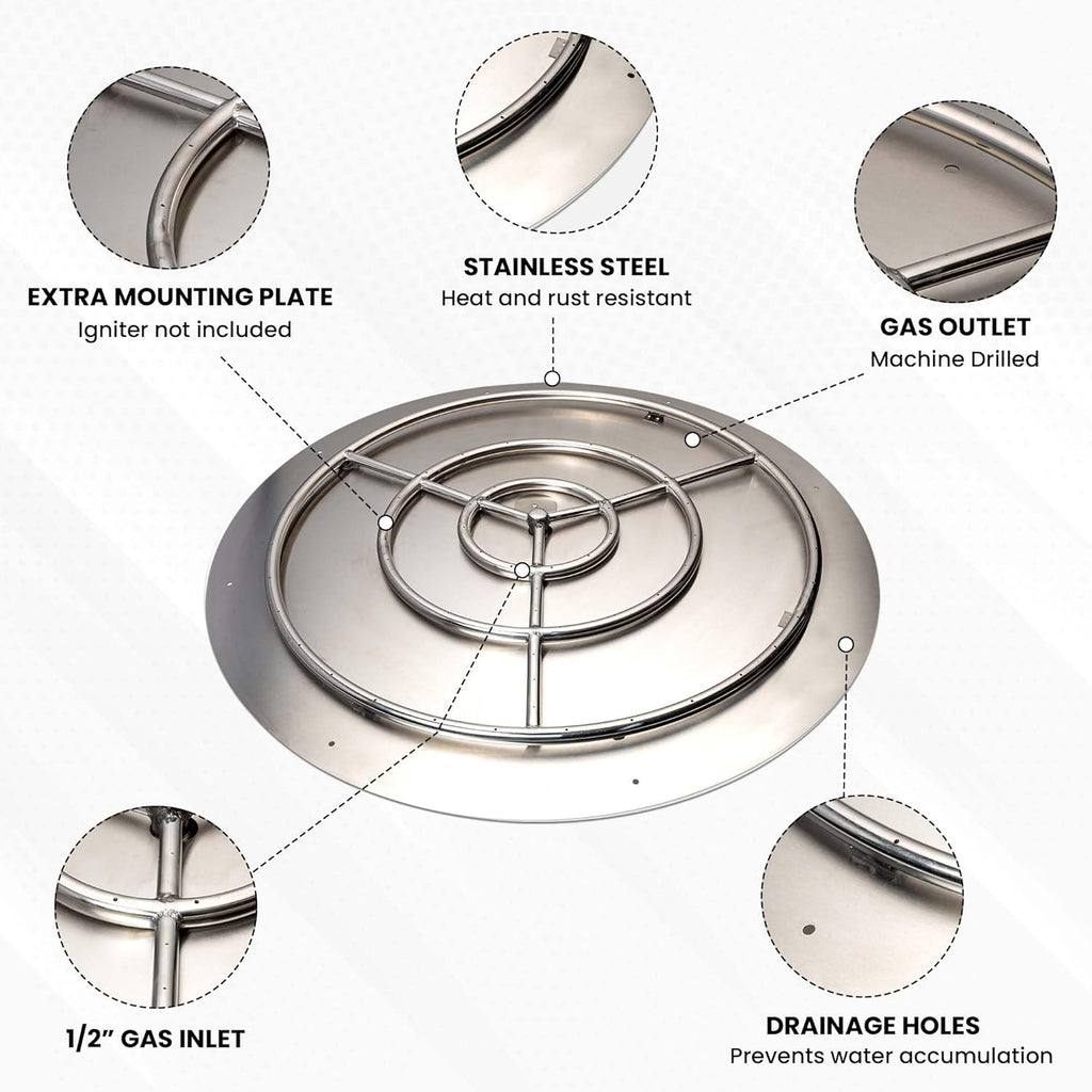 Stainless Steel Fire Pit Burner Pan & Ring, Works with Liquid Propane or Natural Gas, 36-Inch Pan, 30-Inch High Capacity Ring, 250,000 BTU Max
