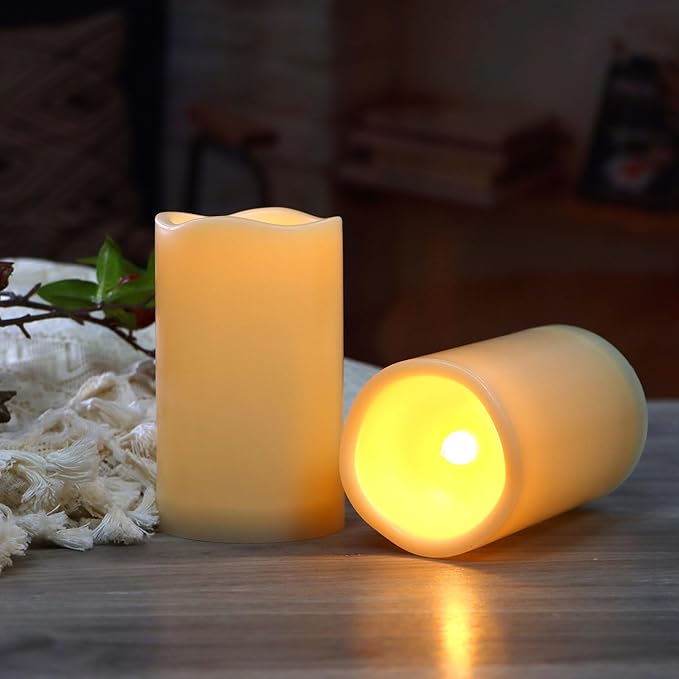 CANDLE CHOICE Waterproof Outdoor Battery Operated Flameless Candles with Remote Timer Plastic Flickering Fake Electric LED Pillars for Lantern Garden Wedding Christmas Decorations 3x5 Inches 3 PCS