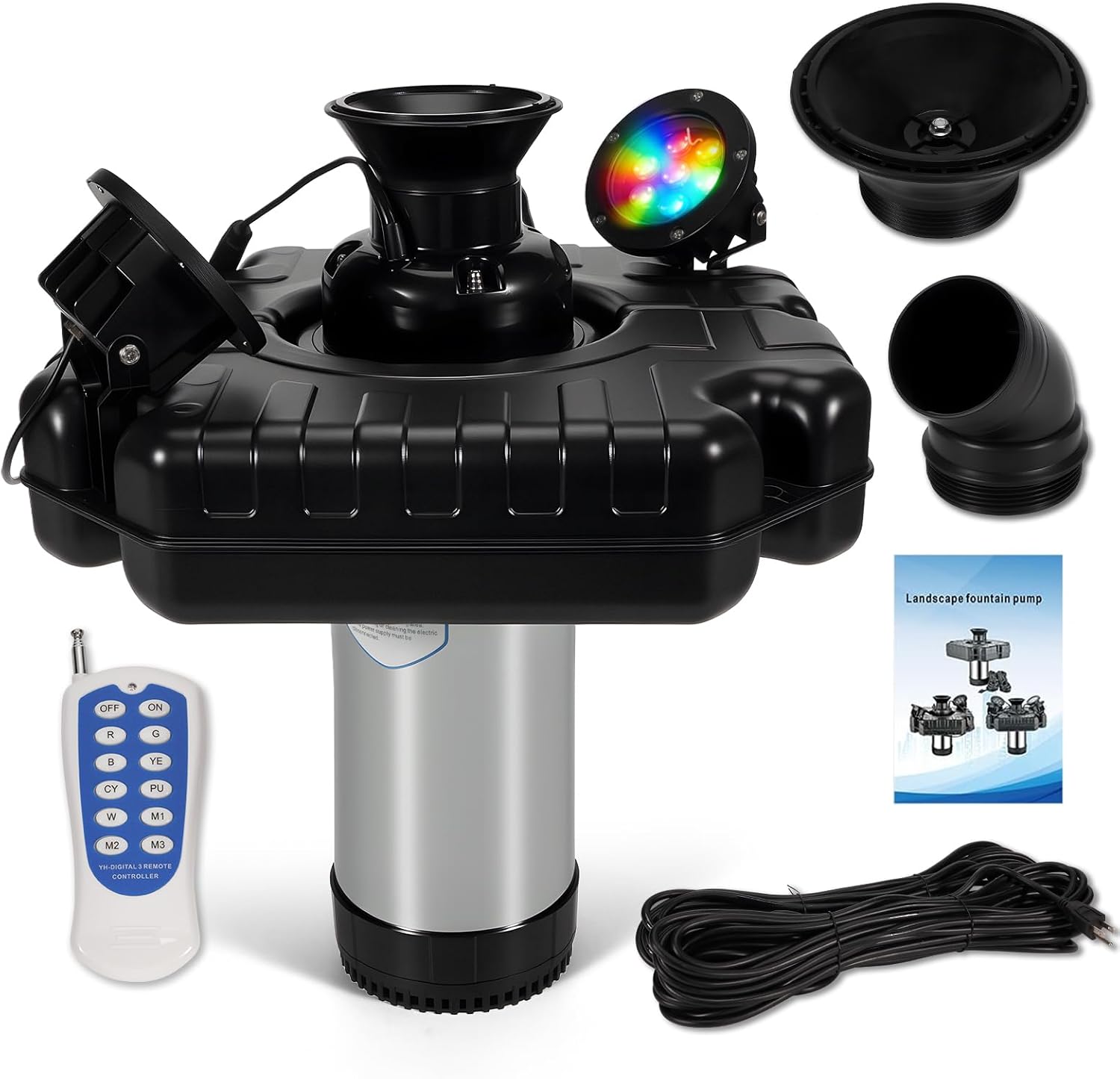 Pond Fountain Aerator with 2-Lights, 1HP 750W Dual Lights RGB LED Remote Control Floating Water Pump - Fit for Large Small Outdoor Ponds Lakes - 100 FT Power Cord 15000 GPH 110V-120V