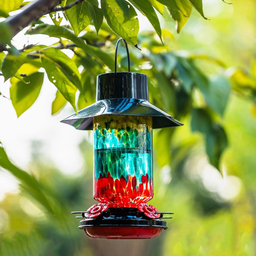 Muse Garden Gifts for Women Solar Hummingbird Feeders for Outdoors Hanging Ant and Bee Proof, Hand Blown Glass Lantern Garden Decor, Moms Birthday Unique, 28oz, Teal Yellow
