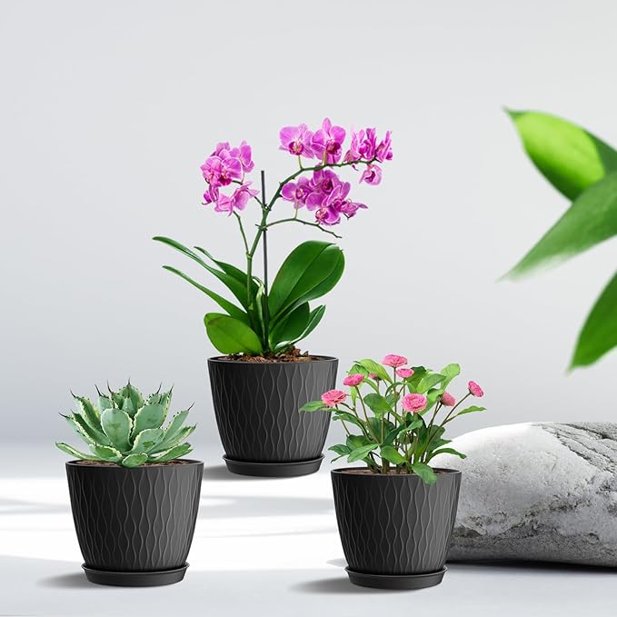 12 Pack 6 inch Plant pots, Plastic Planters with Drainage Holes and Saucers for Indoor Outdoor Flowers and Plants, Black
