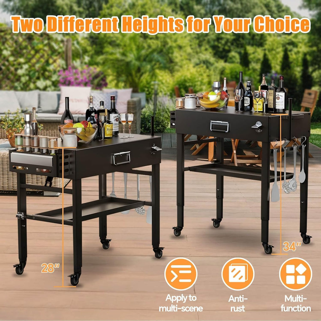 Grill Table for Ninja Woodfire OG700, Foldable Grill Cart for Blackstone, Weber, Ooni Pizza Oven, Upgraded Portable Outdoor Grill Stand, Adjustable Height, with Caddy, Paper Towel Holder, 4 Wheels