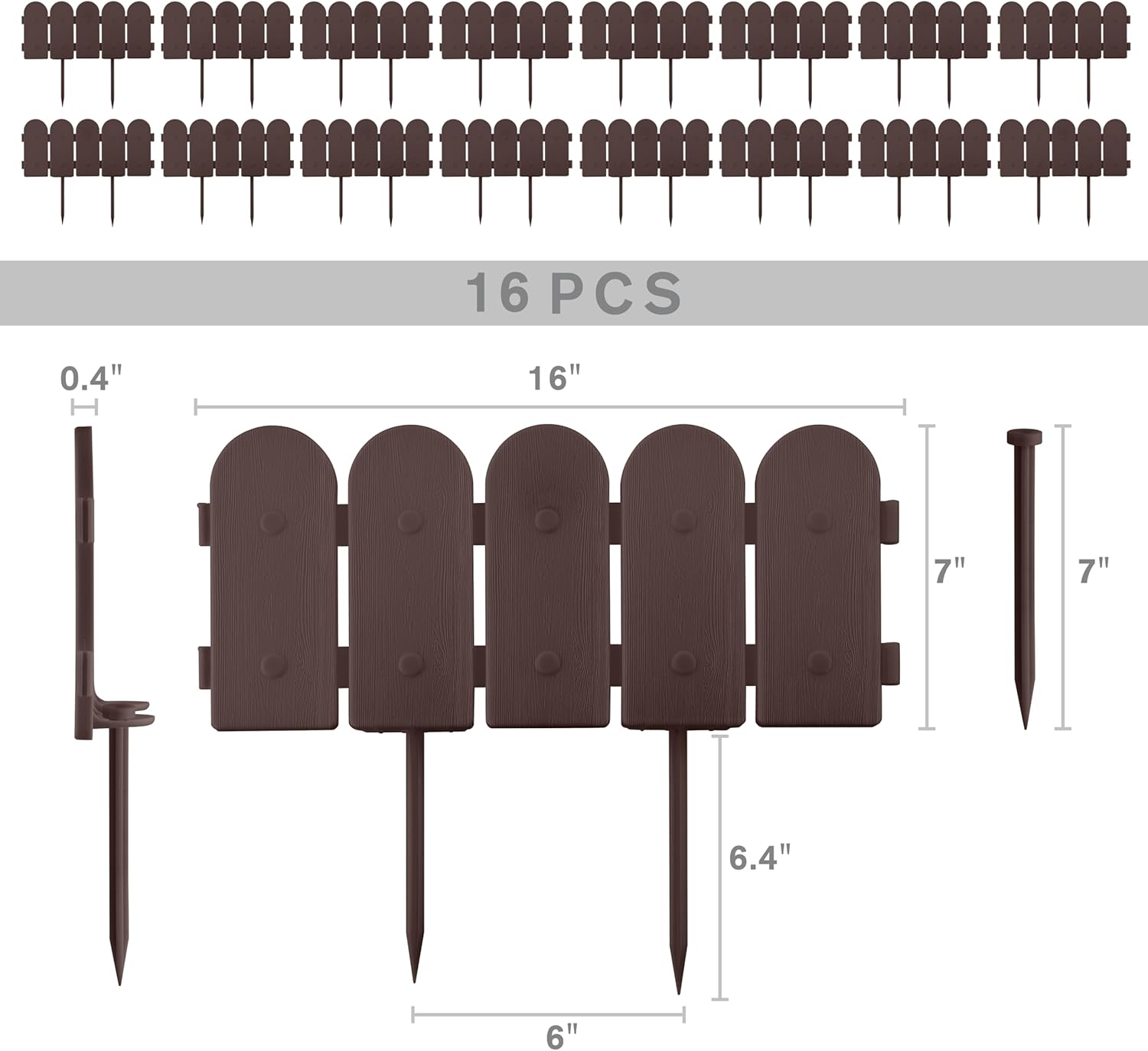 Evelyne Garden Border Plastic Edging: Wooden Fence Design - 16pcs Brown Yard Landscaping Fence Liner Lawn Edge Barrier - 20ft Kit of Decorative Lawn Panels Elements -Landscaping Edging-GMT-10374-A16