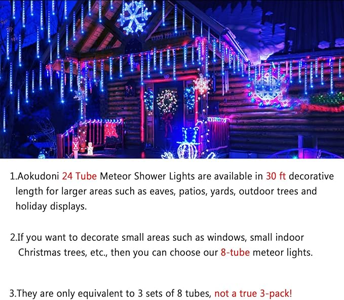 Outdoor Christmas Decorations, 24 Tubes(Equivalent to 3 Sets of 12Inch 8-Tubes) Meteor Shower Lights Snow Falling Icicle Christmas Lights Outdoor for House Tree Halloween Garden Decor, UL Plug, Blue