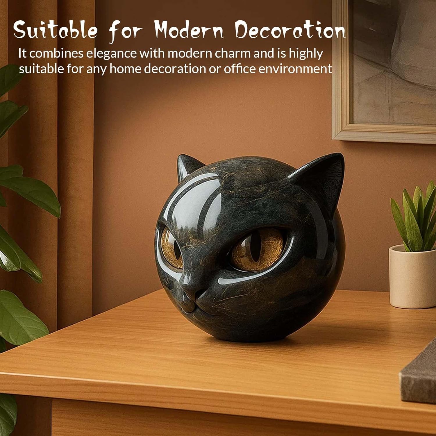 Luxury Black Cat Stone Sculpture Handcrafted Marble Look Resin Statue with Amber Eyes Elegant Home Decor & Gift-Ready Art Piece Figurine Carved Healing Gifts for Cat Lovers (Yellow Eyes)