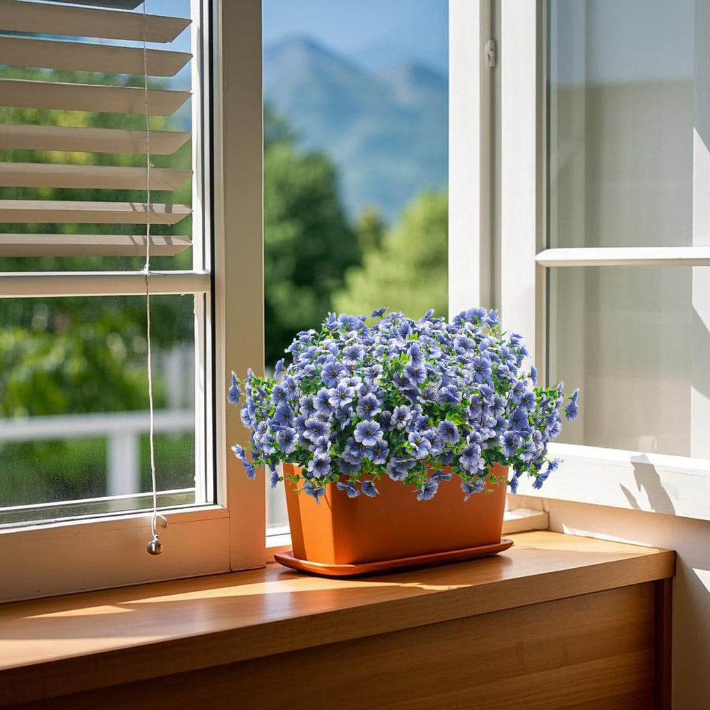 Artificial Fake Flowers for Outdoor Spring Decoration, 16 Bundles Faux Silk Colorful Daisy UV Resistant Realistic for Outside Porch Patio Home Yard Garden Planters Pots Window Box (Blue)