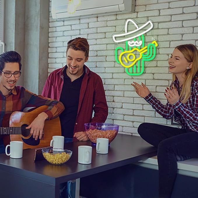 WLHOPE Cactus Neon Sign Cowboy Hat Neon Signs Green Led Neon Signs for Wall Decor, Guitar Cactus Neon Led Signs USB Anime Neon Light for Bedroom Game Room Kids Room Home Bar Party Shop Gift