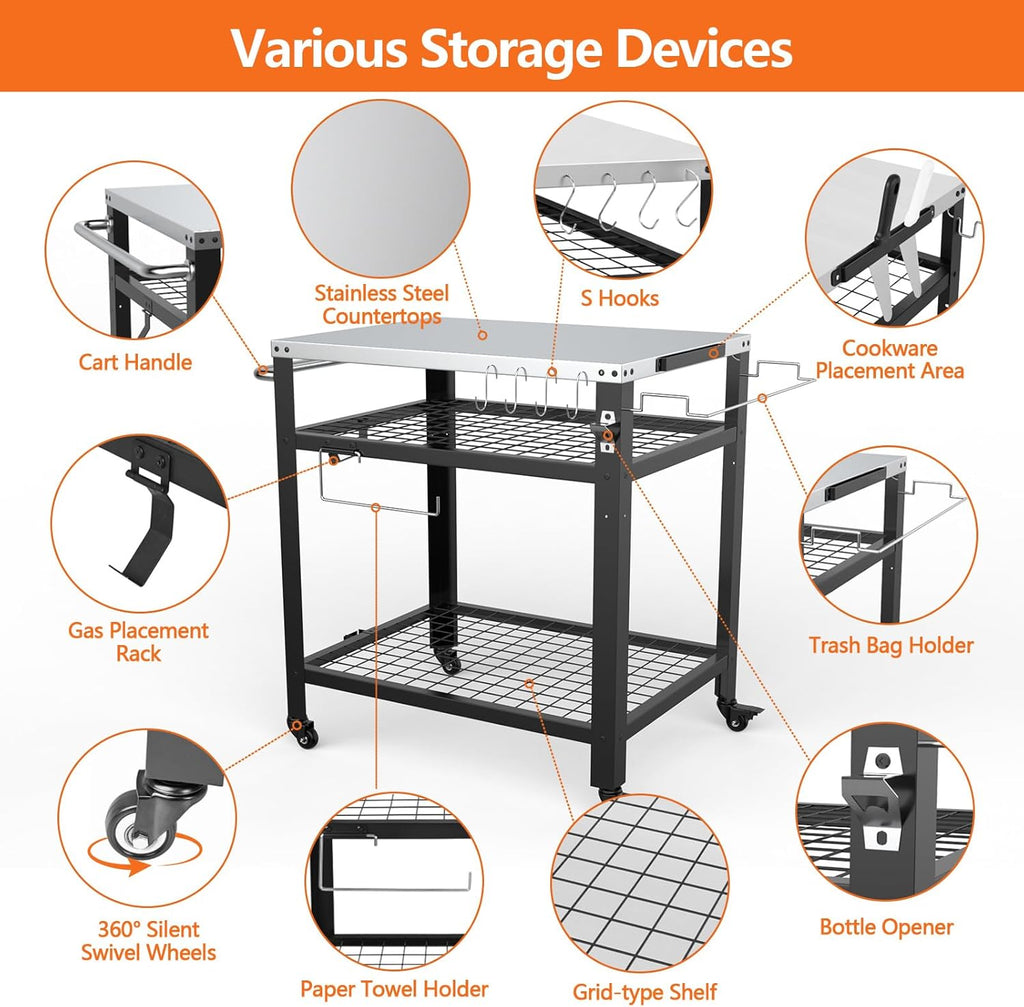 Stainless Steel Pizza Oven Table for Ooni, 650lbs Outdoor Grill Cart with Wheels and Handle, 32"x 24" Three-Shelf Food Prep Cart for Griddle, Movable Outdoor Pizza Cart