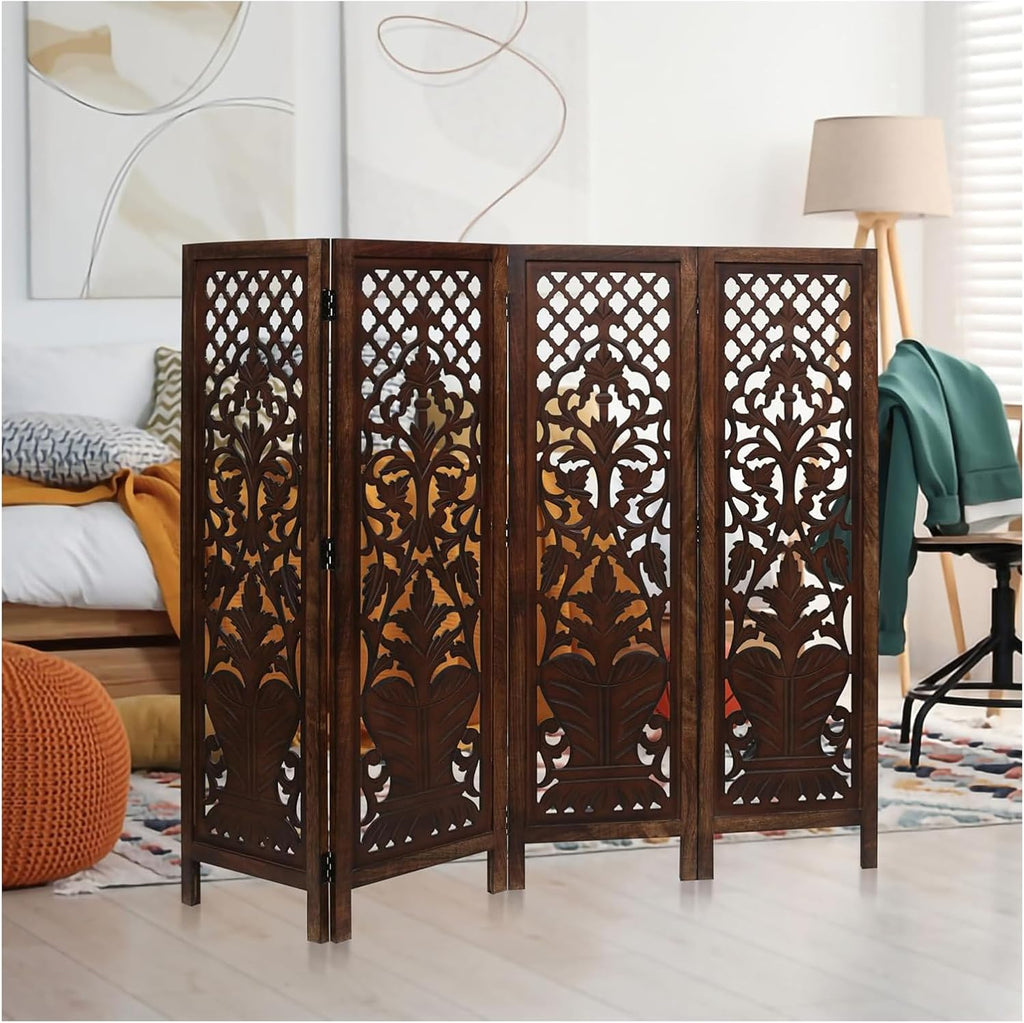 Room Divider Wood Screen Panel – Burnt Brown, 4-Panel Folding 64"x54", Hand-Carved, Reversible Privacy Partition, Decorative & Functional Portable Room Divider for Home or Office