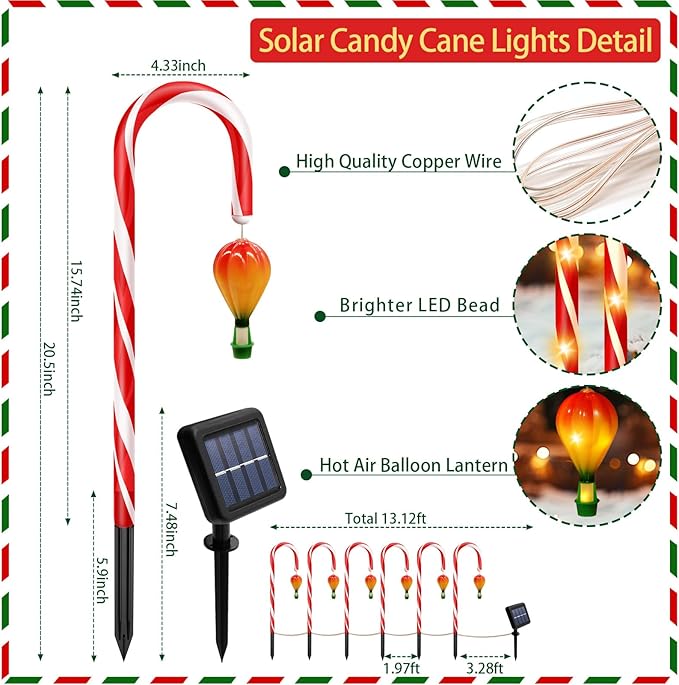 12 Pack Outdoor Solar Christmas Decorations, 180 Bright LED Solar Candy Cane Christmas Lights 8 Lighting Modes, Waterproof Outside Xmas Decorations with Lantern Decor Lights for Pathway Yard Garden