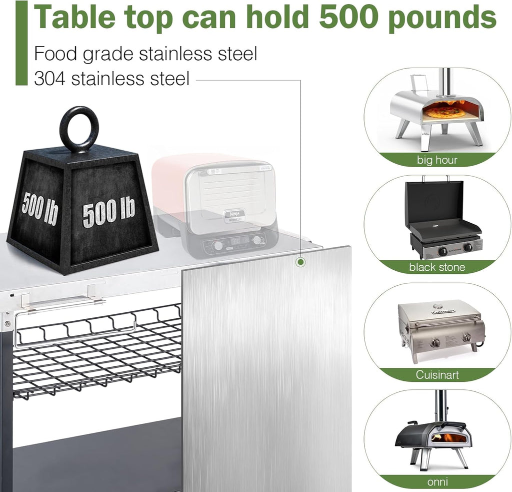 Outdoor Grill Cart, 500lb Dining Cart Table with Three-Shelf, Stainless Steel Rolling Movable Food Prep and Work Table