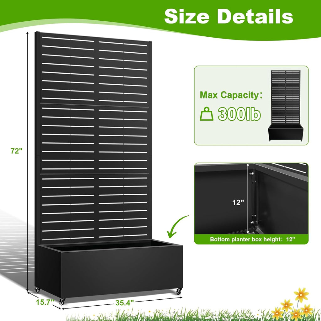 Metal Planter Box with Trellis, 72"x35"x16" Metal Raised Garden Bed with Trellis, Trellis Planter Box with Drainage Holes & Lockable Casters for Climbing Plants, Vegetables, and Vines