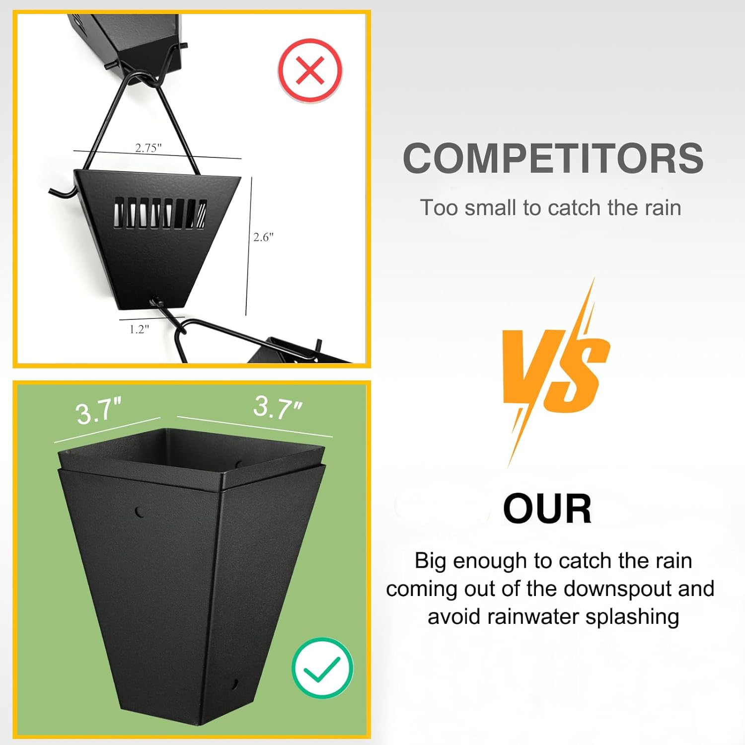 TE DEUM Square Link Rain Chain, 8.5 Feet Length, 3.7inch Big Size Cup, Black Powder Coated, Functional and Decorative Replacement for Gutter Downspouts, V Gutter Clip Included, Black