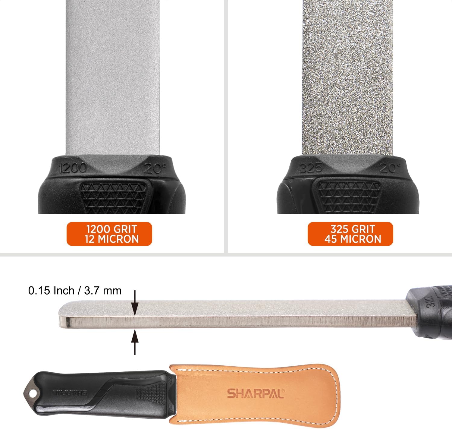 SHARPAL 127N Dual-Grit Diamond Sharpening Stone File Garden Tool Knife Sharpener with Leather Strop Coarse 325 / Extra Fine 1200 Grit for Lawn Mower Blade, Axe, Hatchet, Hedge Shears, Chisels, Drills