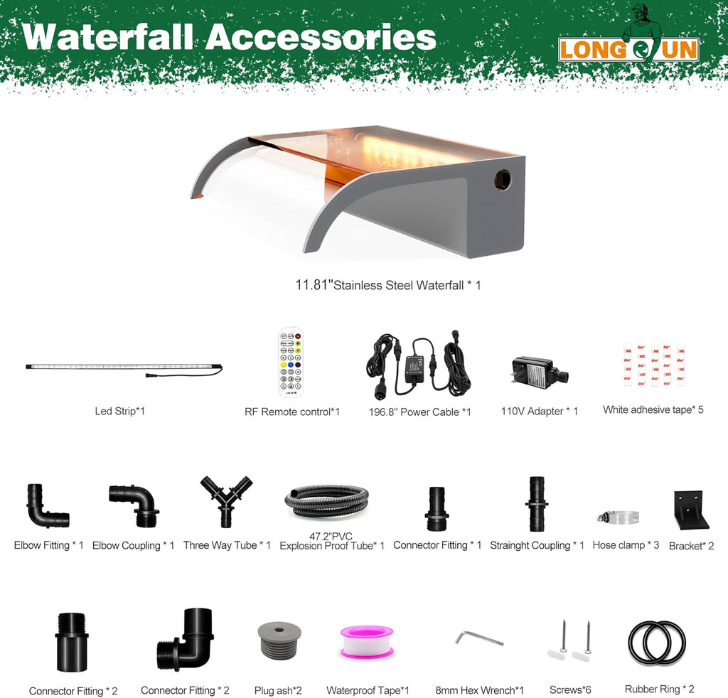 Waterfall Pool Fountain, LONGRUN Acrylic Waterfall Spillway for Pools and Ponds - 11.8" Wide Decorative Water Feature for Swimming Pools, Koi Ponds, and Garden