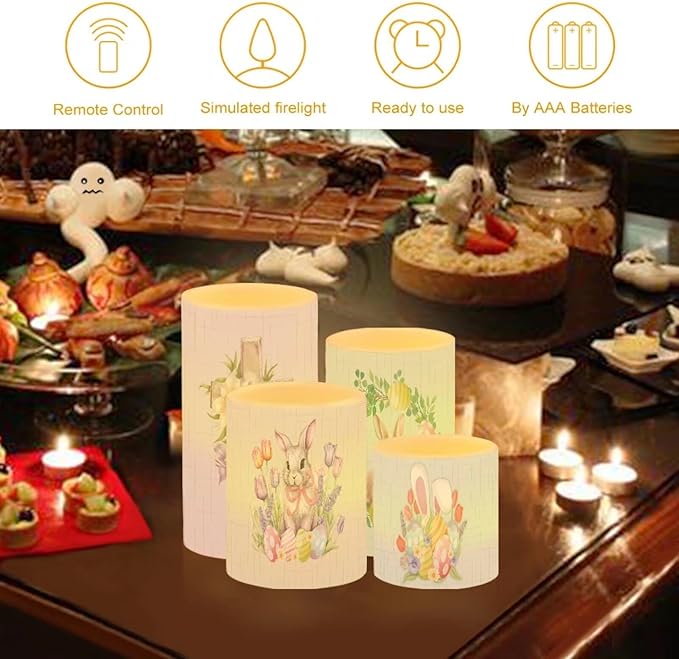 Flameless LED Battery Candles Waterproof Pillar Candles Tealights with 18-Key Timer Remote Colorful Lights for Indoor Outdoor Party Home Easter Decorations, Easter Bunny Egg Floral Retro