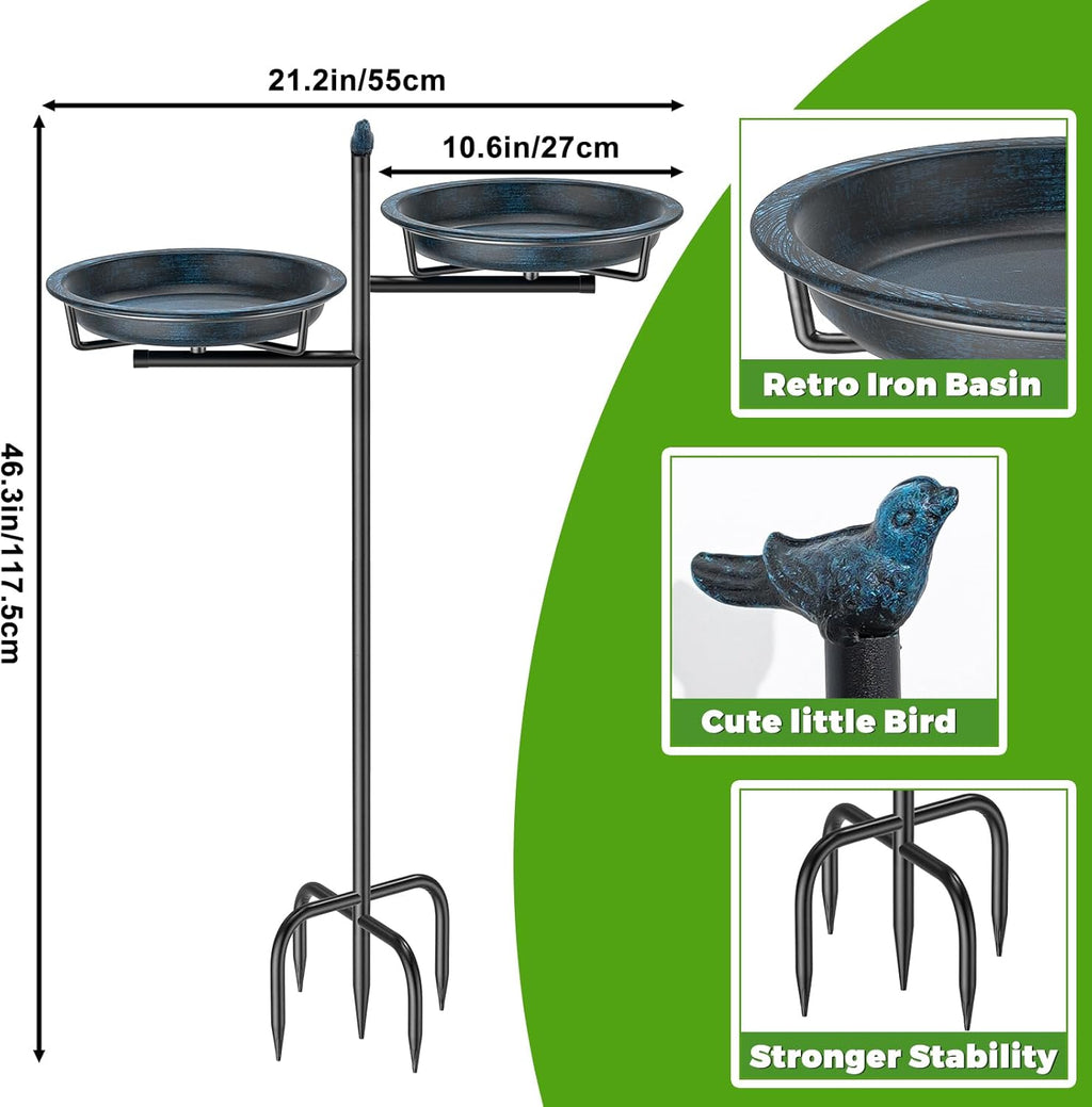 2-in-1 Metal Bird Bath for Outside, Vintage Freestanding Birdbaths Feeder Bowl, Stable & Easy to Clean Birdfeeder for Outdoors Garden Yard Lawn Decor (Vintage Blue)