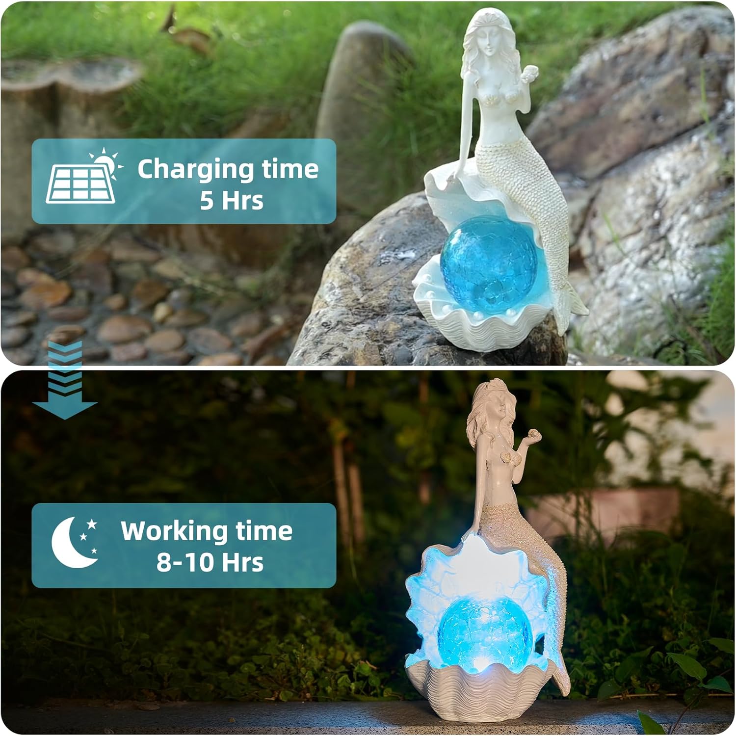 Solar Garden Mermaid Decor Outdoor Statue - Mermaid With LED Waterproof Sculptures Lights, Cute Mermaid Pond/Yard Statues Outside Decoration, Home, Lawn, Patio, Resin Animal Ornament, Gardening Gift