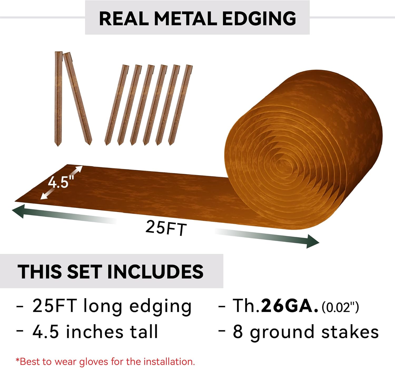Metal Garden Landscape Edging with 8Pcs Stakes, 4.5" x 25Ft Galvanized Steel Lawn Edgings Roll Flexible Coil Border for Landcaping,Flower Bed,Rusty