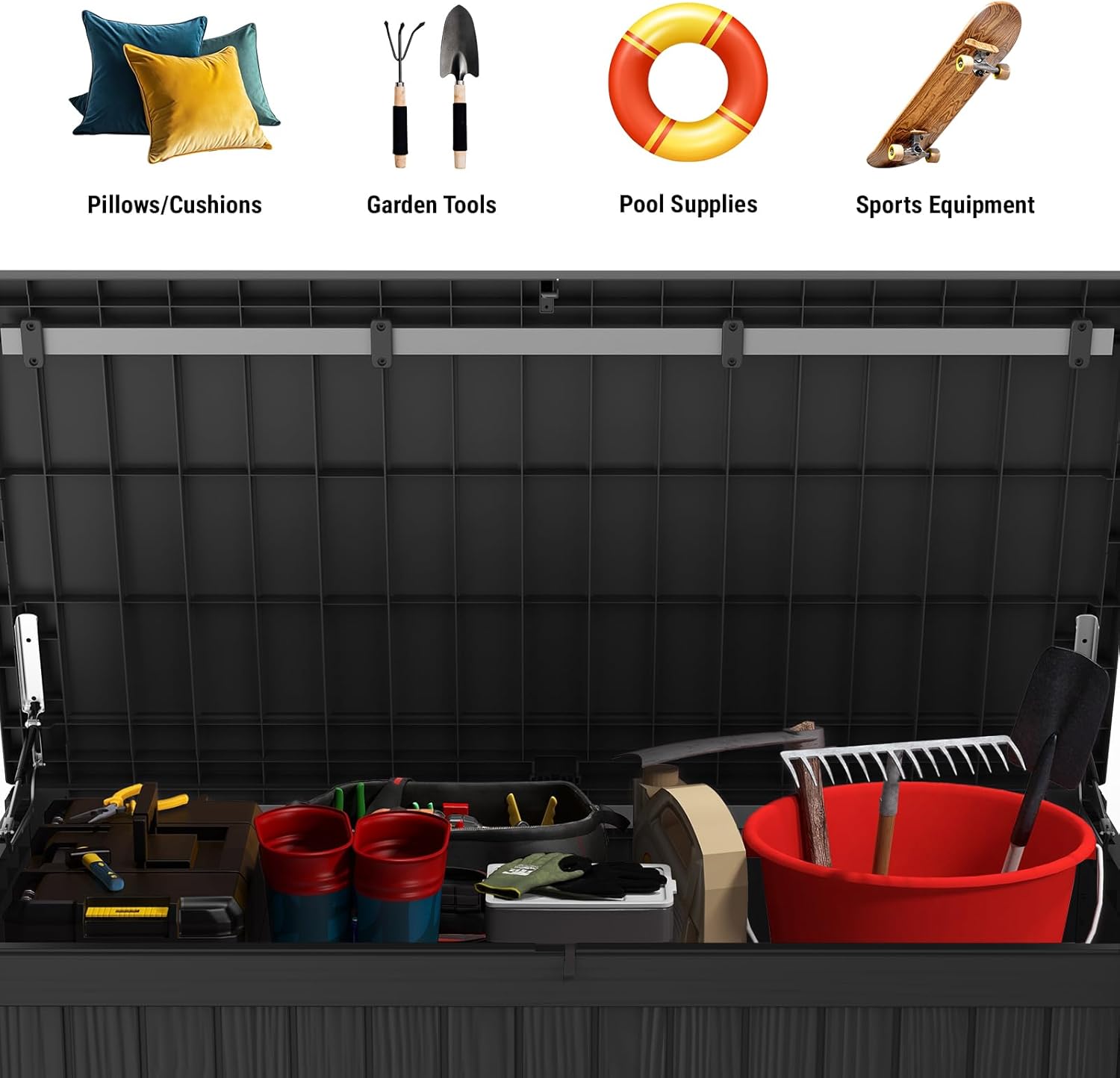 Mars Villa 150 Gallon Outdoor Storage Box, Large Resin Deck Box Waterproof, for Pool Supplies Storage, Outdoor Patio Furniture Cushions, with Hydraulic Hinge, UV-Resistant and Weatherproof, Black