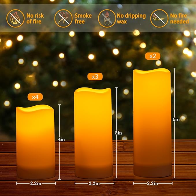 Metaku Flameless Flickering Candles Battery Operated LED Candles Set of 9 Ivory with Remote & Timer for Halloween, Christmas, Bedroom, Home, Wedding, Birthday Decoration D2.2'' x H4''5''6''