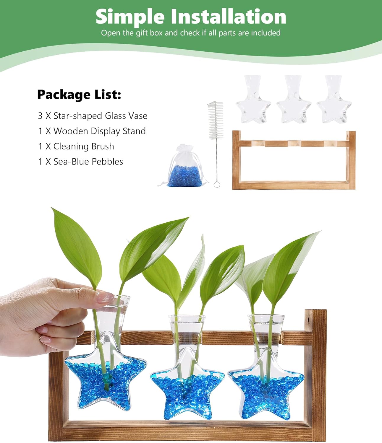 Nacome Plant Terrarium with Wooden Stand,Star-Shaped Planter Propagation Station Glass Vase for Home Office Decor- Unique Gifts for Plant Lovers Women Mom