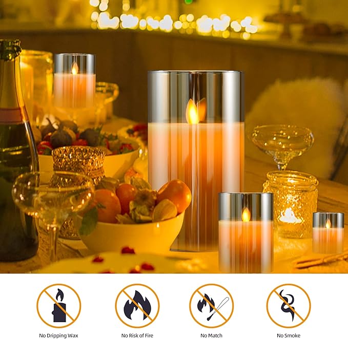JOSU Flameless Candles 4" 5" 6" Set of 3 Outdoor Indoor Fake Pillars Gold Glass LED Battery Operated Candles Include 10-Key Remote Timer for Wedding Party Halloween Christmas Thanksgiving Fall Diwali