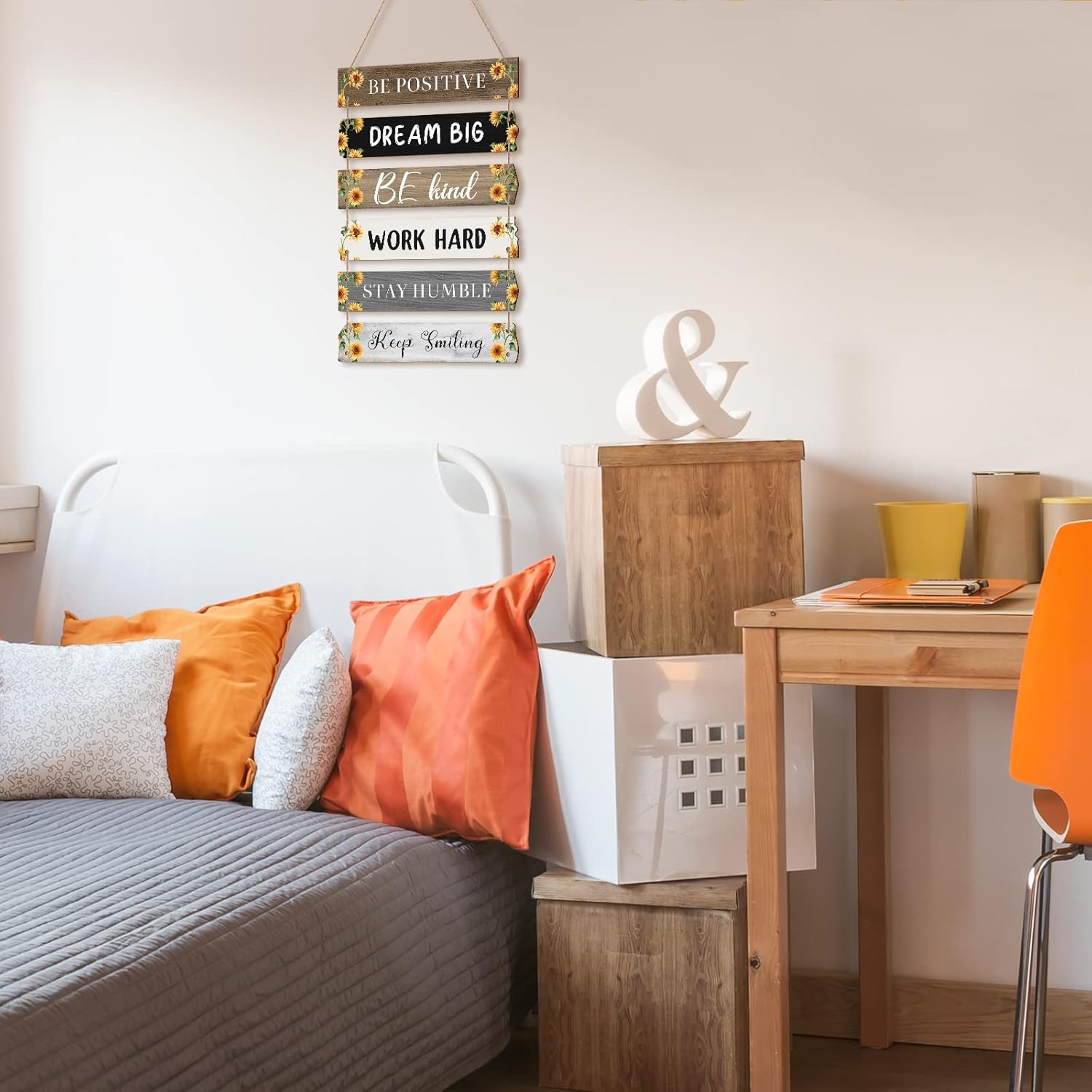 6 Pieces Rustic Wall Hanging Plaque Sign Inspirational Wall Art Farmhouse Wooden Door Signs Positive Plaque with Quotes Motivational Quote Decor for Office Bedroom Living Room(Sunflower Style)