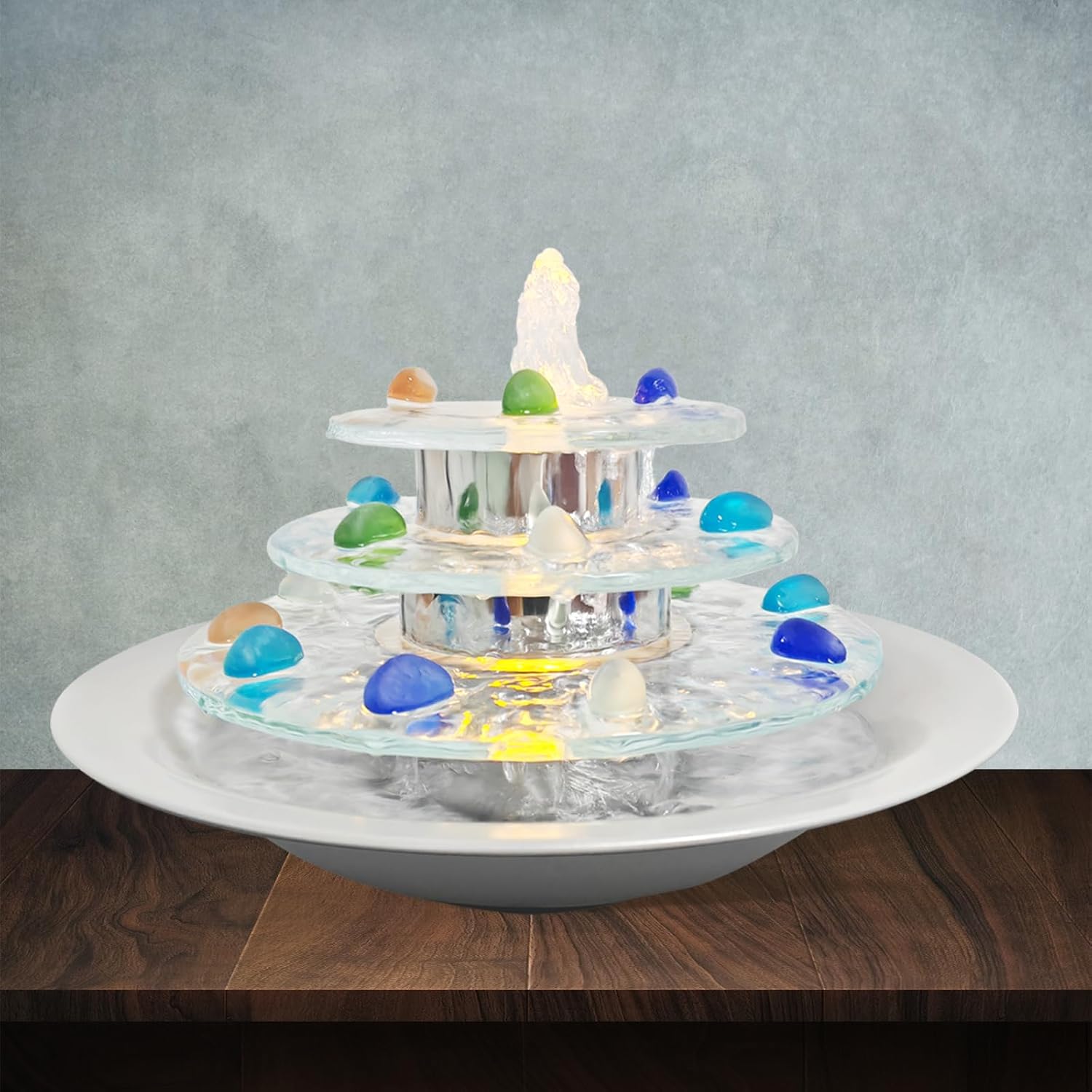Indoor Tabletop Fountain 3-Tier Waterfall, Zen Meditation Fountains with LED Light, Home Desktop Soothing Sound Meditation Relaxing Water Feature for Office Room Table Decoration