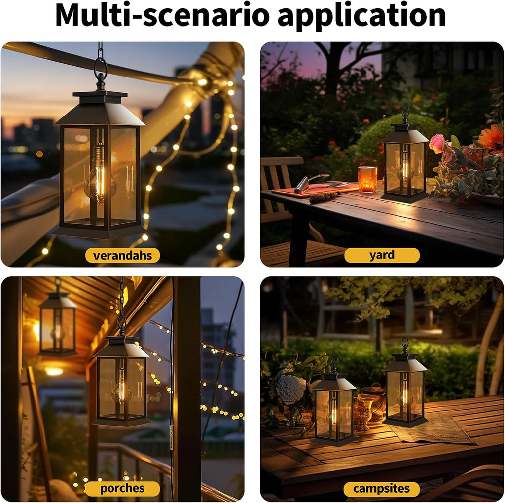2 Pack Hanging Solar Lanterns Glass Solar Lights Outdoor Waterproof Upgraded Solar and 2 AA Batteries Powered, for Outside Porch, Patio and Indoor Tables, Mantelpiece