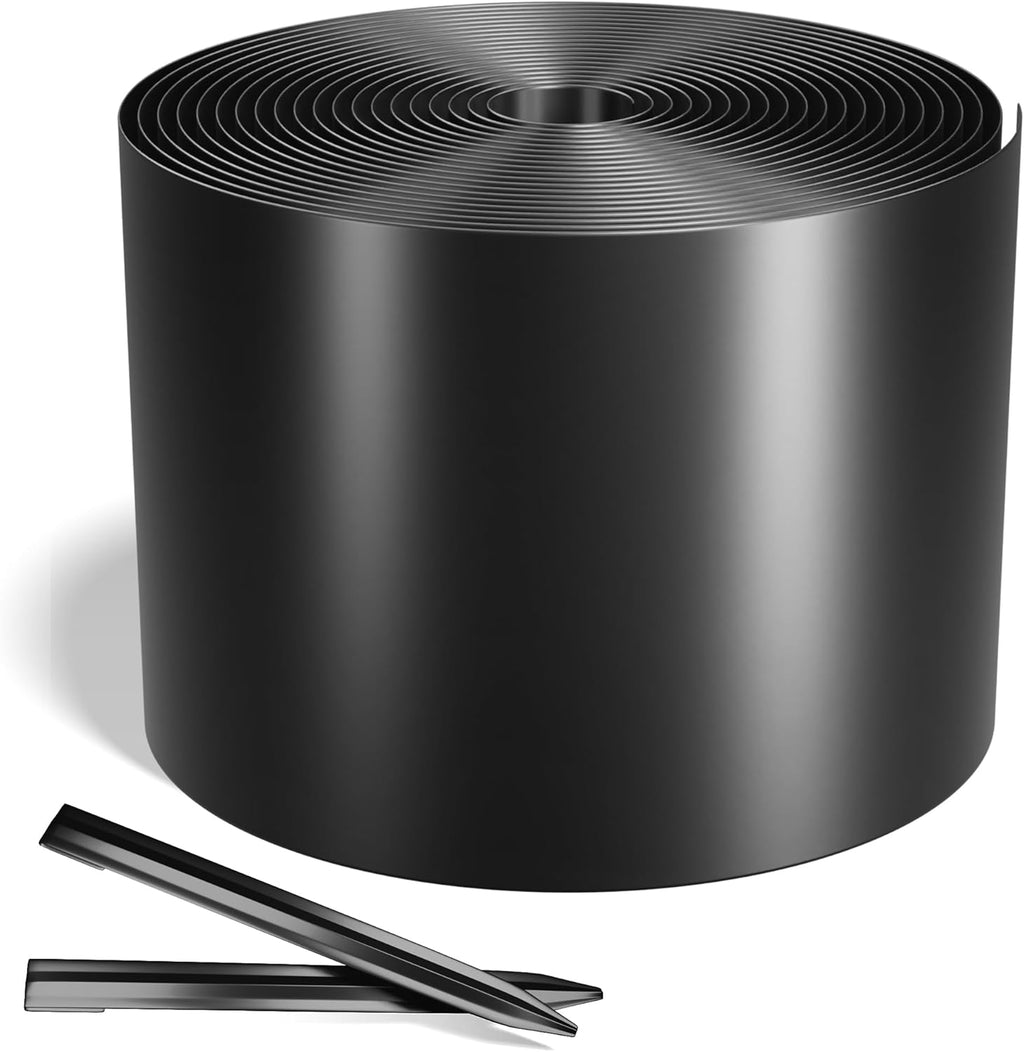Worth Galvanized Steel Landscape Edging 8" x50' Metal Garden Edging Roll Flexible Bender Border with 16Pcs Stakes for Lawn, Flower Bed Edges, Black