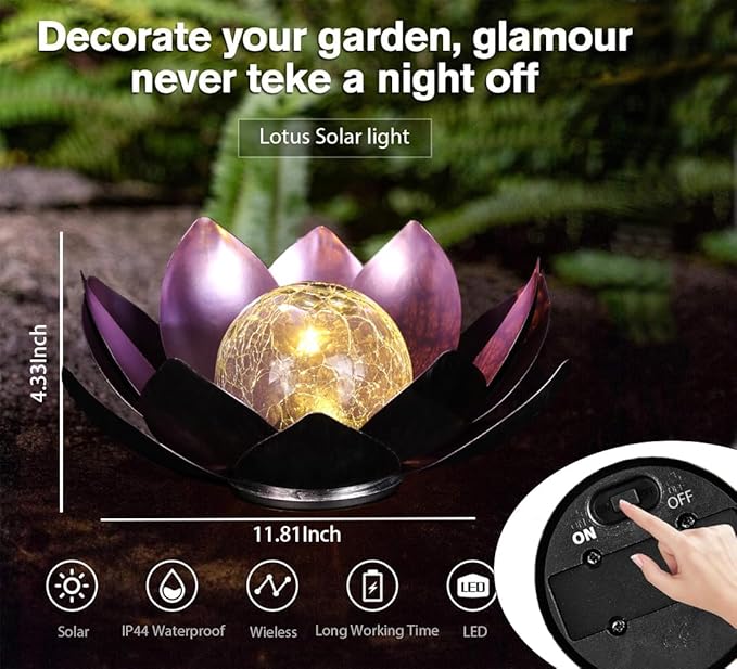 12 inches Solar Lights Outdoor Garden, Crackle Globe Glass Lotus Decoration, Waterproof LED Metal Flower Lights for Patio,Lawn,Walkway,Tabletop,Ground Gardening Gifts (Purple)