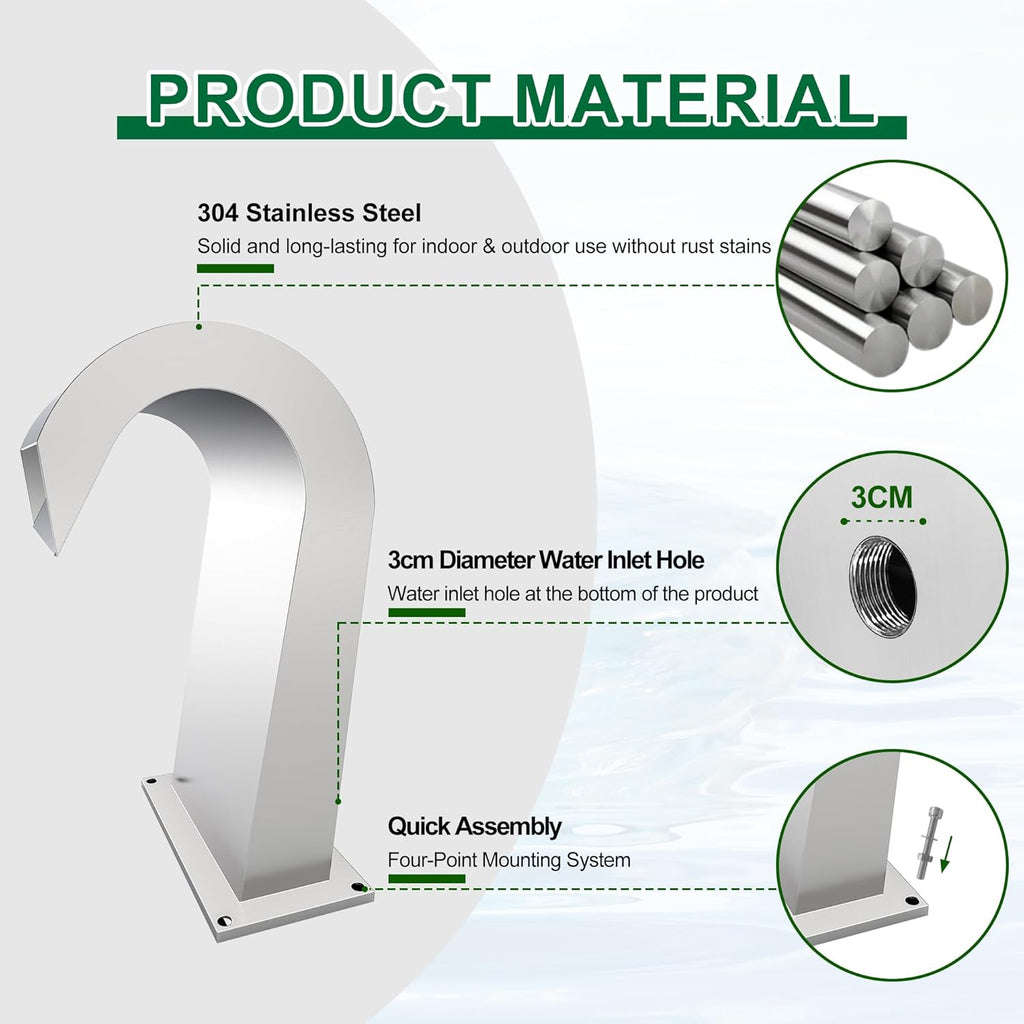 S-Shape Waterfall Spillway Ground Pool Fountain, LONGRUNNEW 304 Stainless Steel Outdoor Water Feature 18.82" x 11.93" x 12.20" for Garden Decor, Landscape Accents & Patio Pond Water Feature-Medium