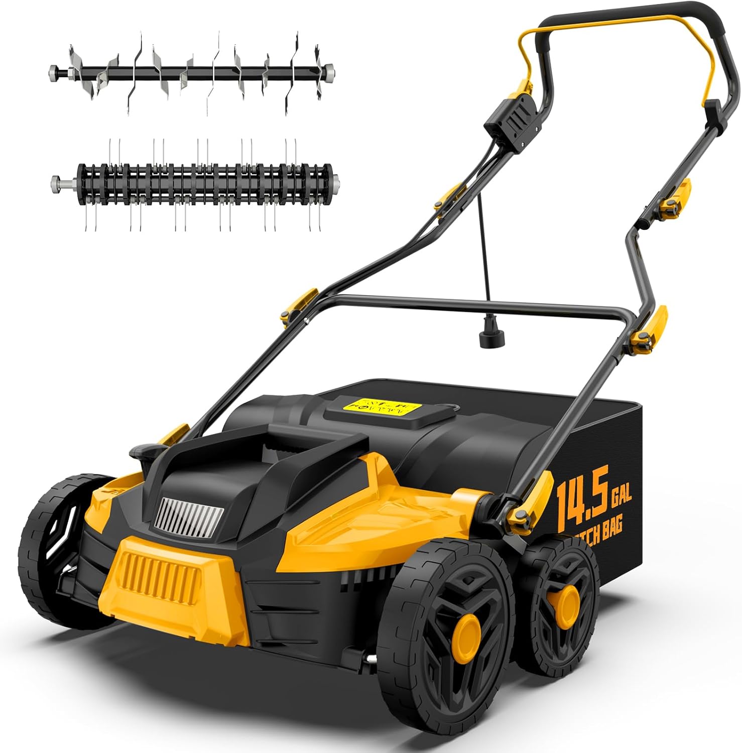 16-Inch 15.5 Amp 2-in-1 Electric Dethatcher and Scarifier, Lawn Dethatcher Rake with 14.5-Gallon Removable Thatch Bag, 5-Position Adiustment, Quick-Fold, Keeps Lawn Healthy - Yellow