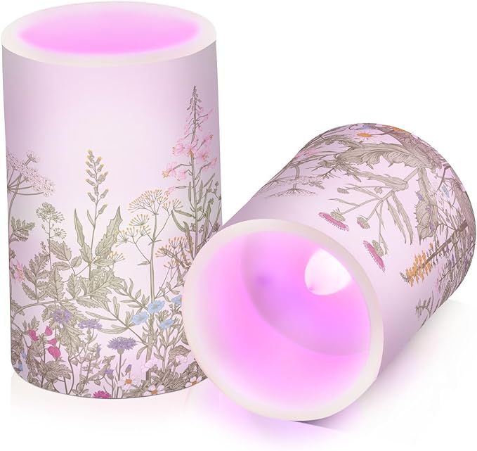 Flickering Flameless Candles, Flowers Herbs Wildflowers Botanical LED Candles with Remote Timer, Set of 2 Battery Operated Candle for Valentine Wedding Birthday
