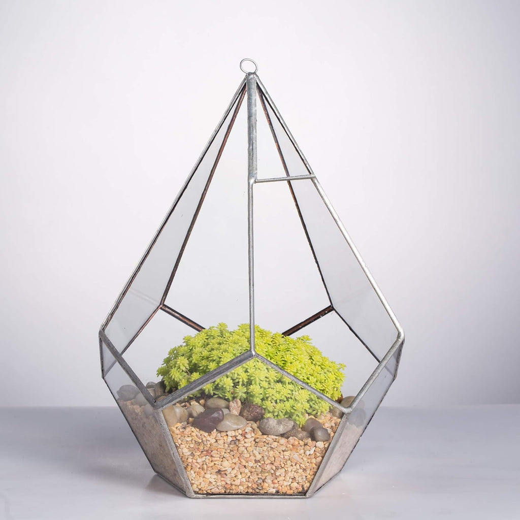 NCYP Silver Hanging Glass Geometric Terrarium, 6.8 x 6.8 x 8.6 Inches Teardrops Shape Display Planter for Succulent Air Plants, Indoor Decor Flower Holder, Handmade (NO Plants)