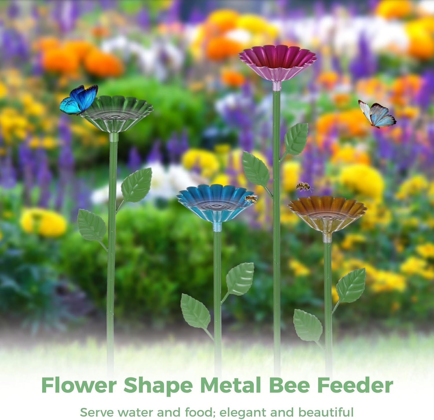 4 Pack Bee Watering Station, Metal Bee Feeder Cups with Colorful Flower Design,Butterfly Bee Bath Bowl for Outdoor Garden Yard Decor (Green, Blue, Yellow, Purple)