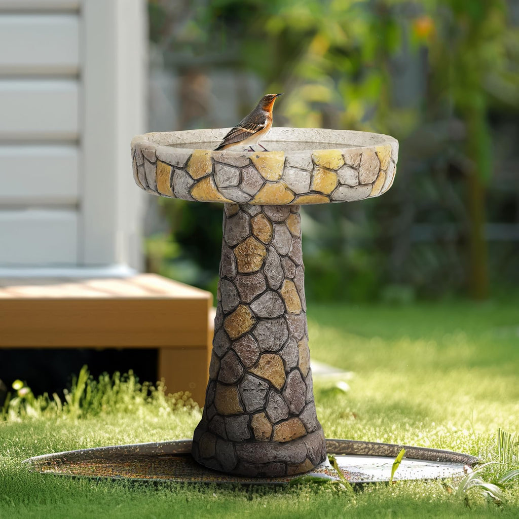 Outdoor Concrete Bird Bath - 24" H * 18.8" Φ Mosaic Stone Design BirdBath Perfect for Adding Interest to Garden, Patio, Backyard, Porch and Deck