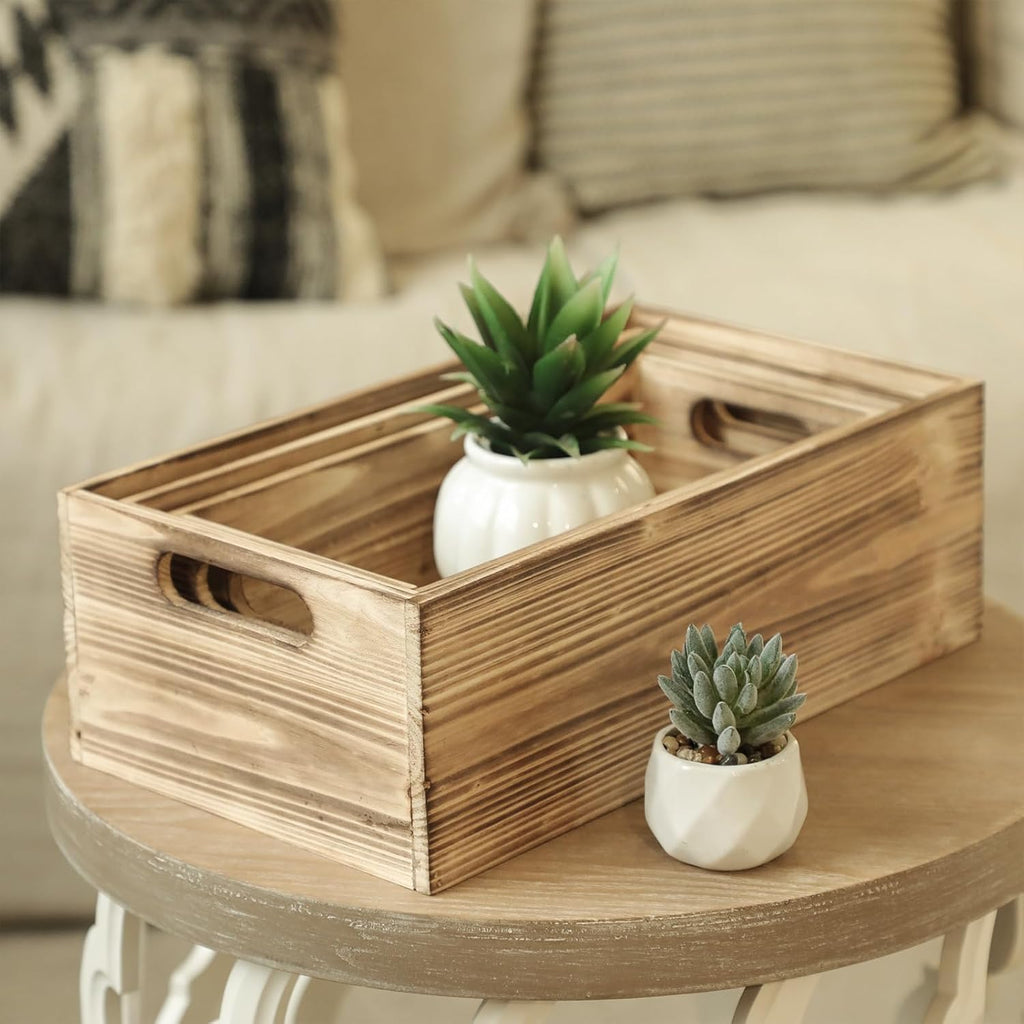 Wooden Boxes, Large Wooden Crates Set of 3 Vintage Torched Brown Wood Storage Crates for Display Home Party Office Bedroom Kitchen Closet
